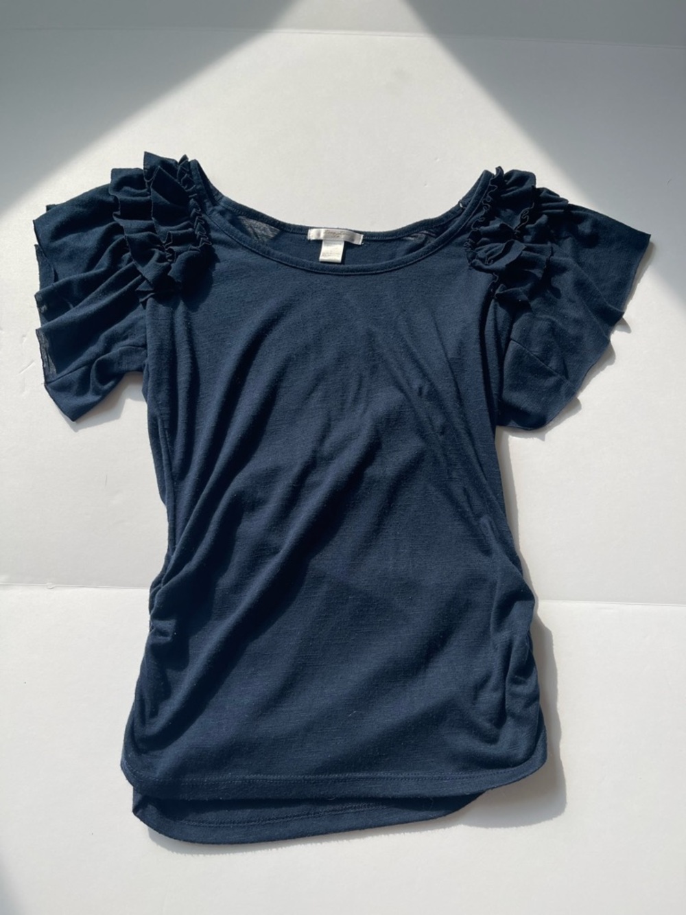 LOVE LOVE LO NAVY BLUE SHORT SLEEVE BLOUSE RUFFLE SLEEVES SIZE L